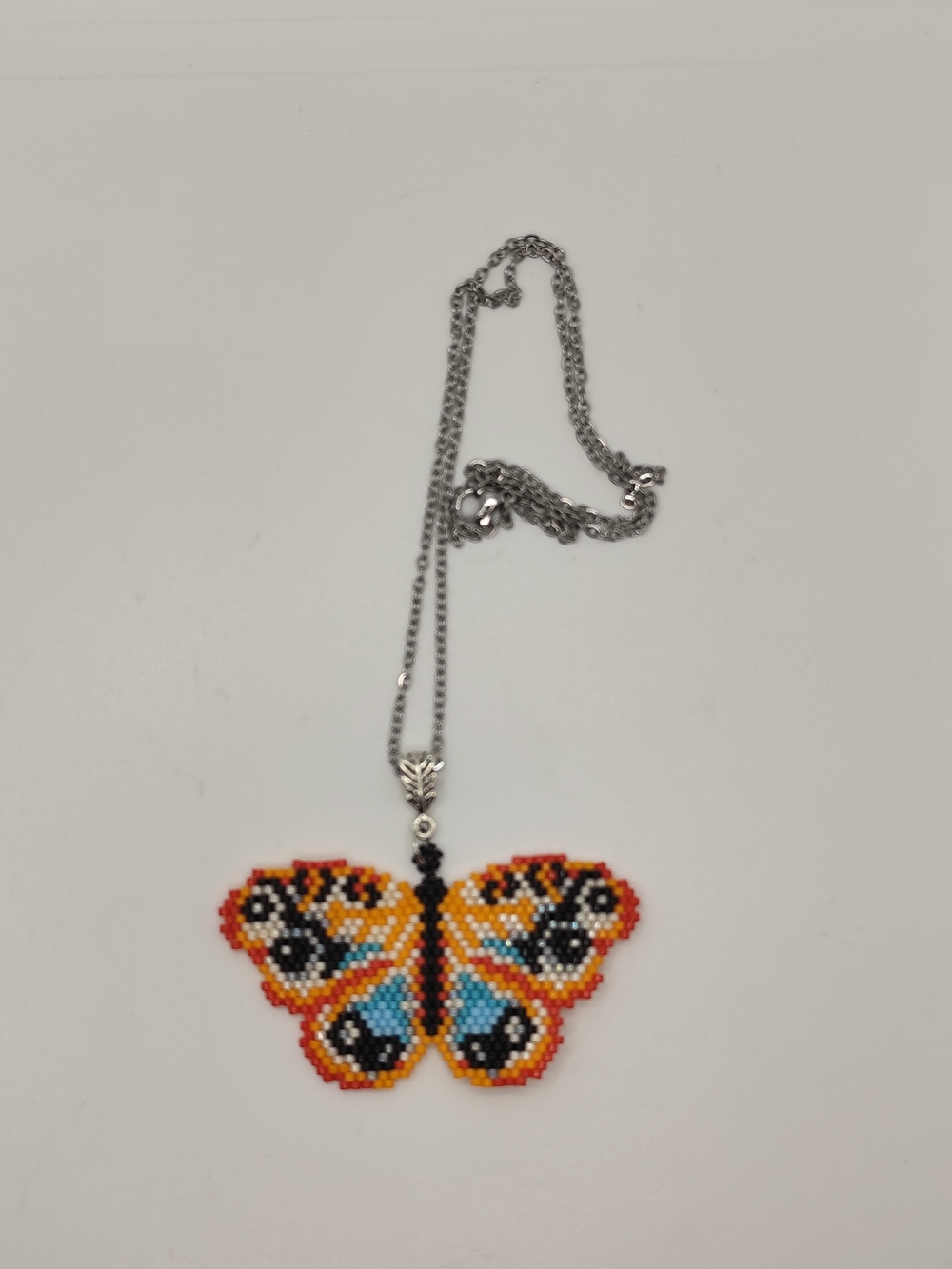 Colorful Beaded Butterfly Pendant Necklace — Silver Chain